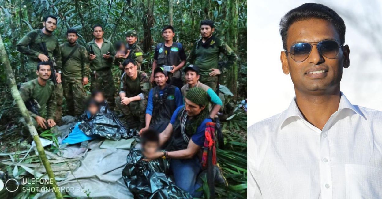 L-R: The handout photo released on June 9, 2023, by the Colombian Presidency, members the Army pose with four Indigenous children who were found alive after spending more than a month lost in the Colombian Amazon jungle following the crash of a small plane. Lt Col Hemanth Raj of the Indian Army.